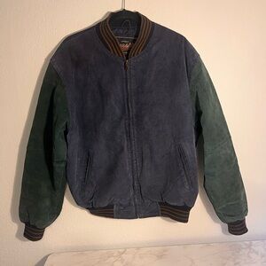 Vintage Varsity Suede Navy/Green Leather Coat Full Zip, Mens Medium, Long Sleeve